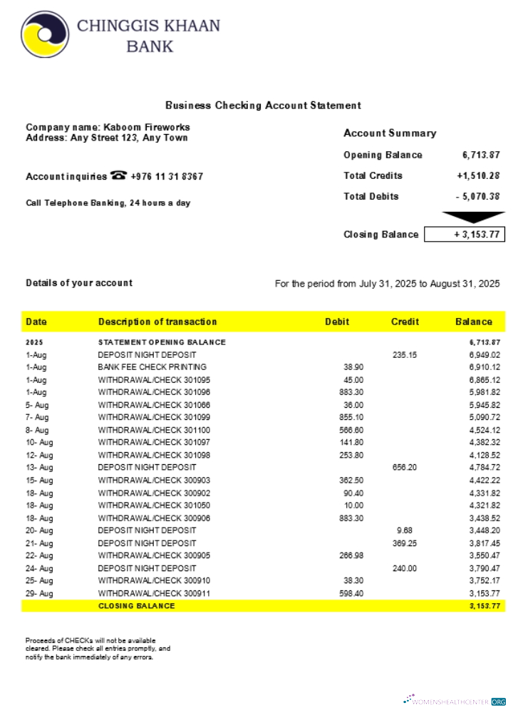 Download Chinggis Khaan company checking account statement Word and PDF template (1) Photoshop template
